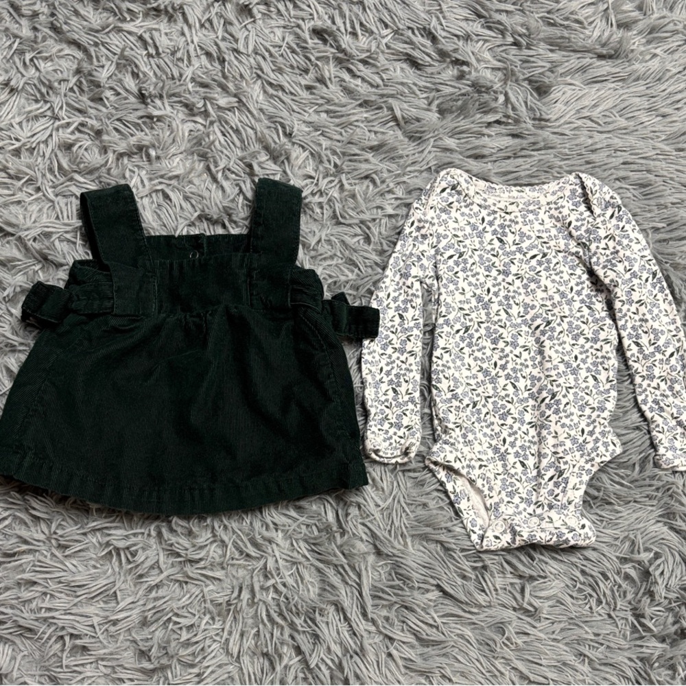 Dark Green Corduroy Pinafore Dress with Floral Onesie - Picture 3 of 16